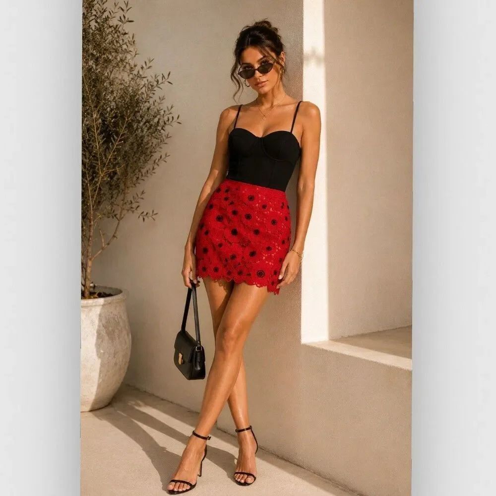 Milly Red Black Floral Lace Mini Skirt Size 12 Embroidered Scalloped Designer